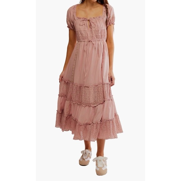 Free People Womens Dress L Falling Sun Midi Pale Mauve Boho Festival‎ Lace NWT